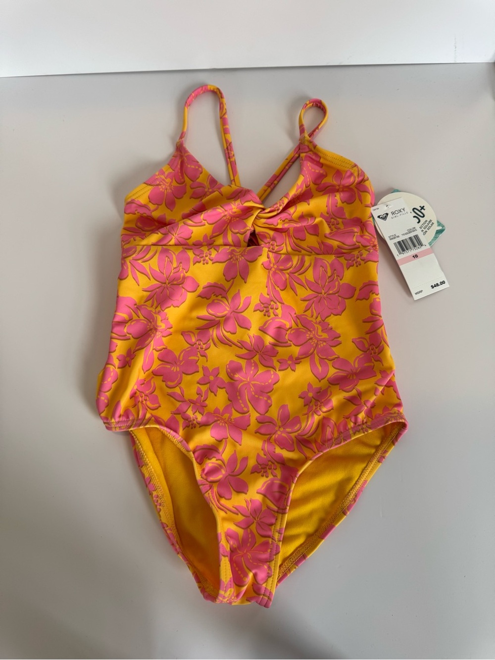Roxy Orange Pink Floral Twist-Front One-Piece Swimsuit Size 10 NWT